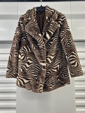 BROWN AND WHITE PRINT FAUX FUR JACKET COAT - xs